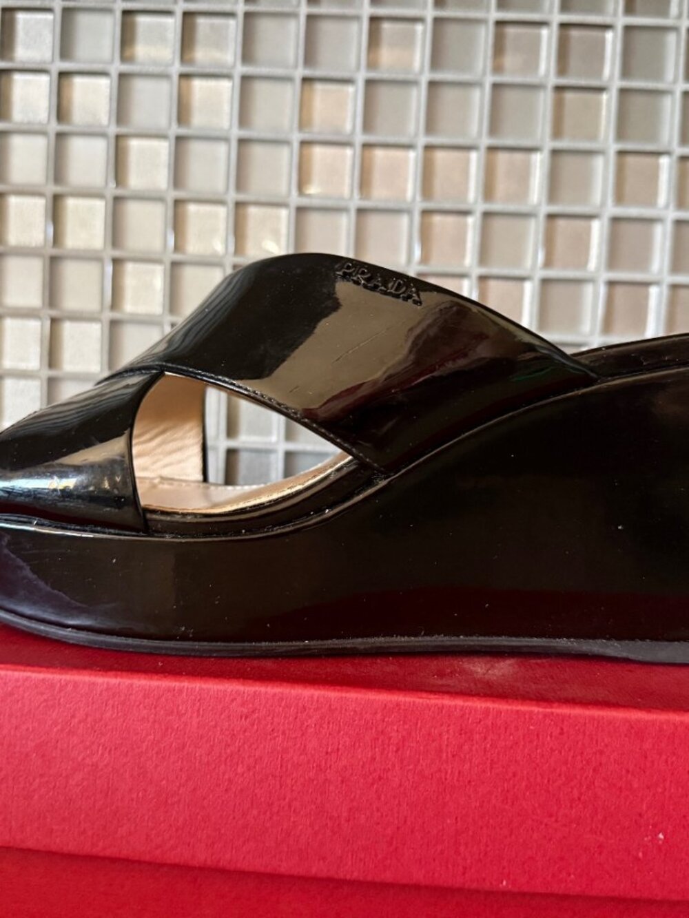 Prada Black Patent Leather Platform Wedge Mules — EU 40.5 / US 10